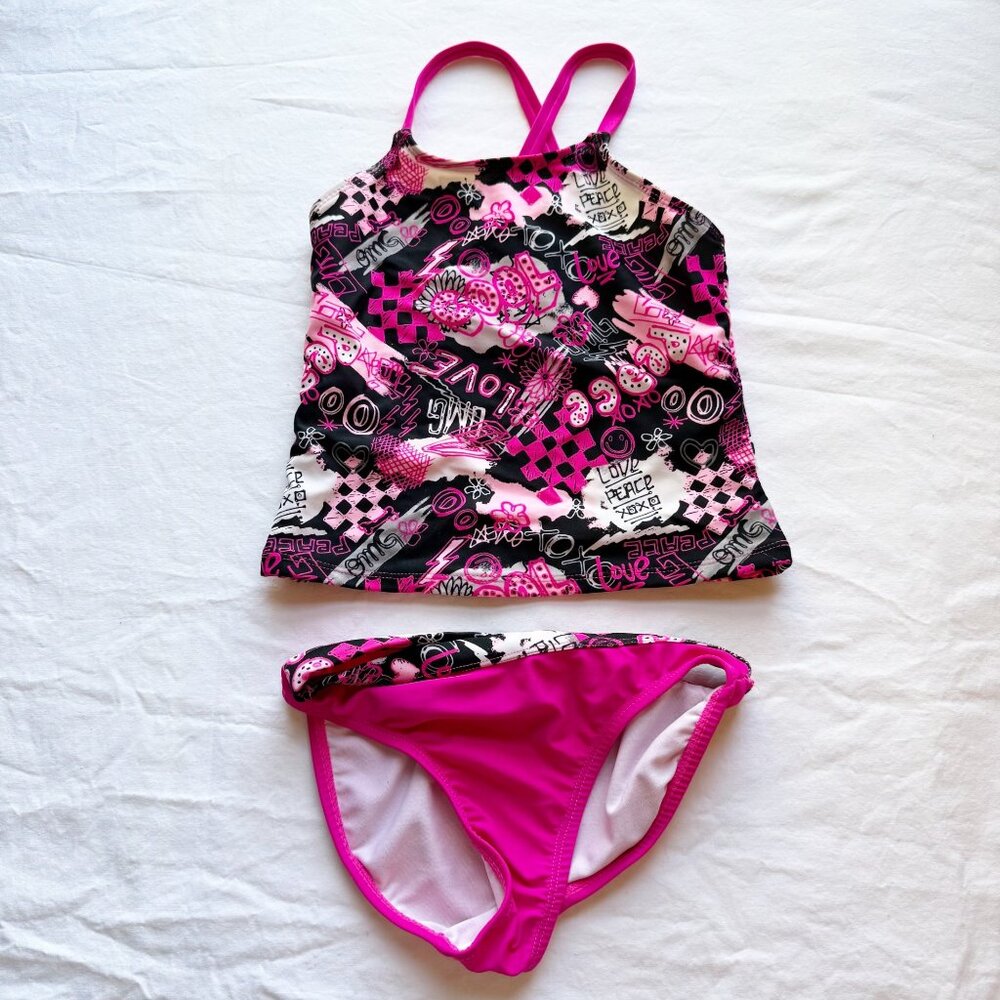 Girls Pink & Black OP Tankini Set With Love & Peace Graphics size S (6/6x)